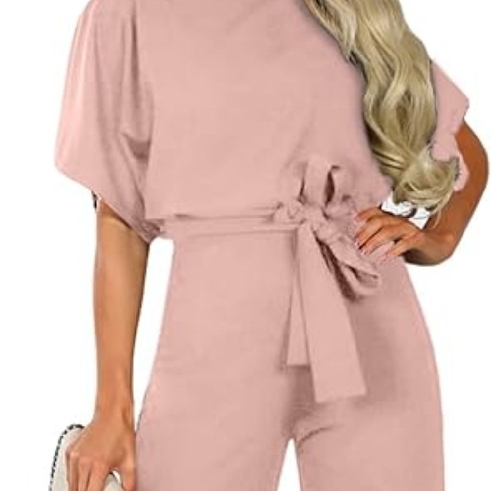 Causal Loose Short Sleeve Belted Wide Leg Pant Romper, Jumpsuit